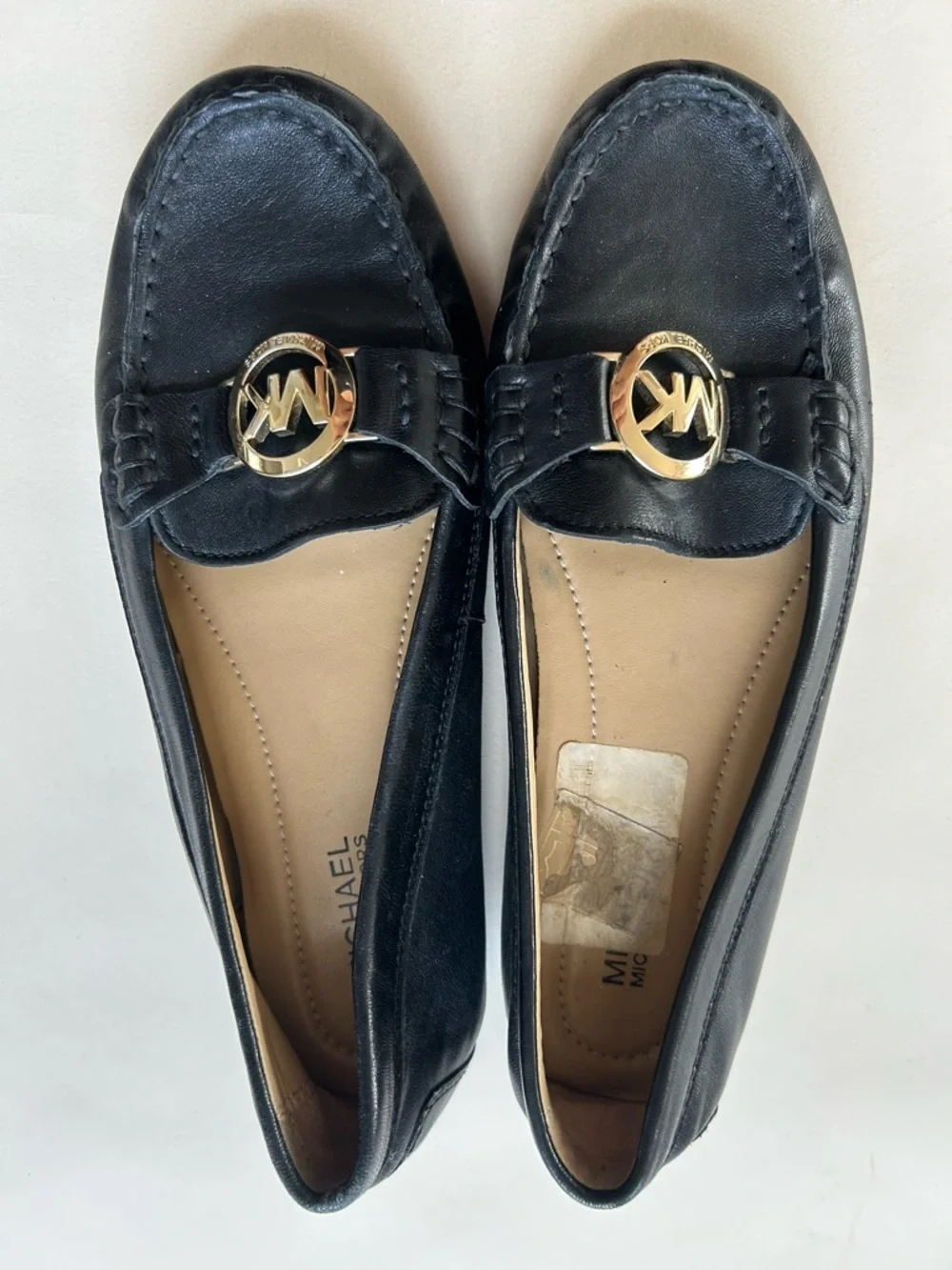 Michael Kors Black Leather Slip-On Loafers with Gold MK Medallion size 6.5
